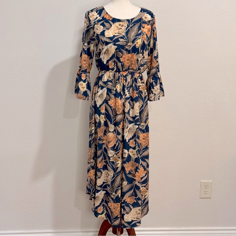 Freeway Navy, Cream and Rust Floral Long Sleeve Dress Size S